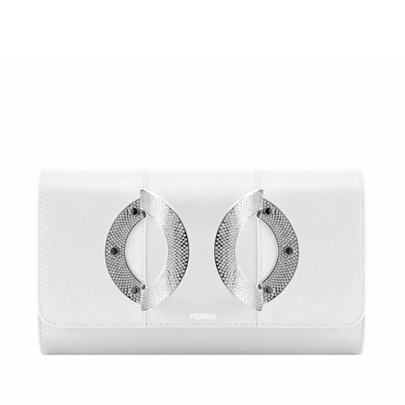Perrin Paris La CroisetteStrass White Leather Clutch With Swarovski Cr…